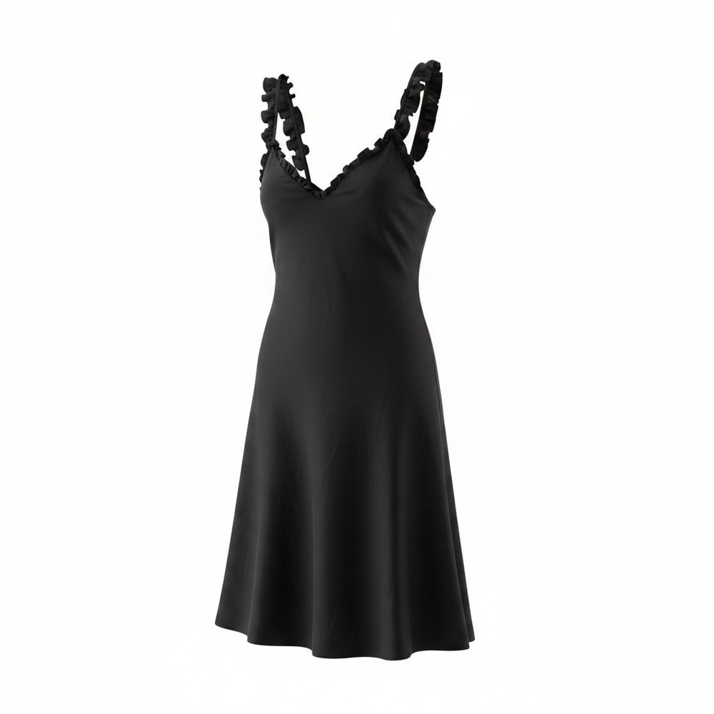 H&M Black Ruffle Strap V-Neck Midi Sun Dress Womens Large Cotton Blend Flowy